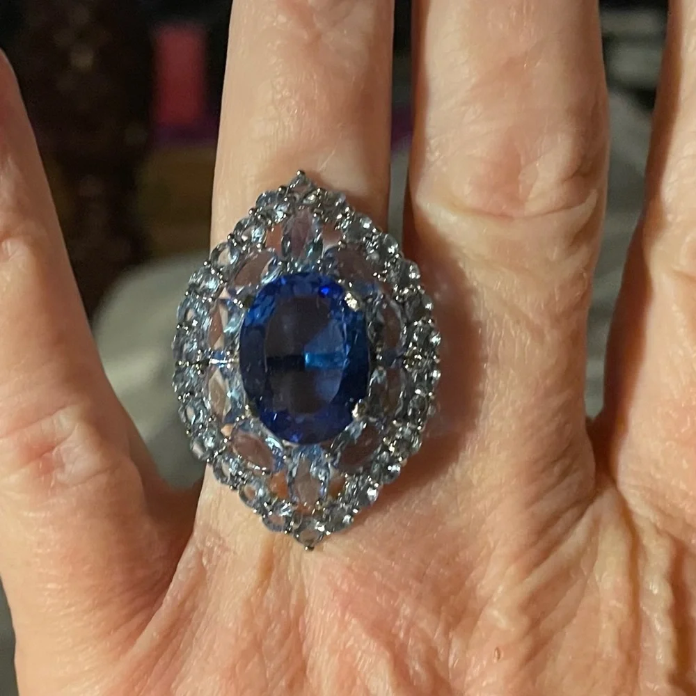 ***SHOW STOPPER NATURAL SAPPHIRE & AQUA MARINE HUGE COCKTAIL RING(SIZE 7)*** - Picture 7 of 9